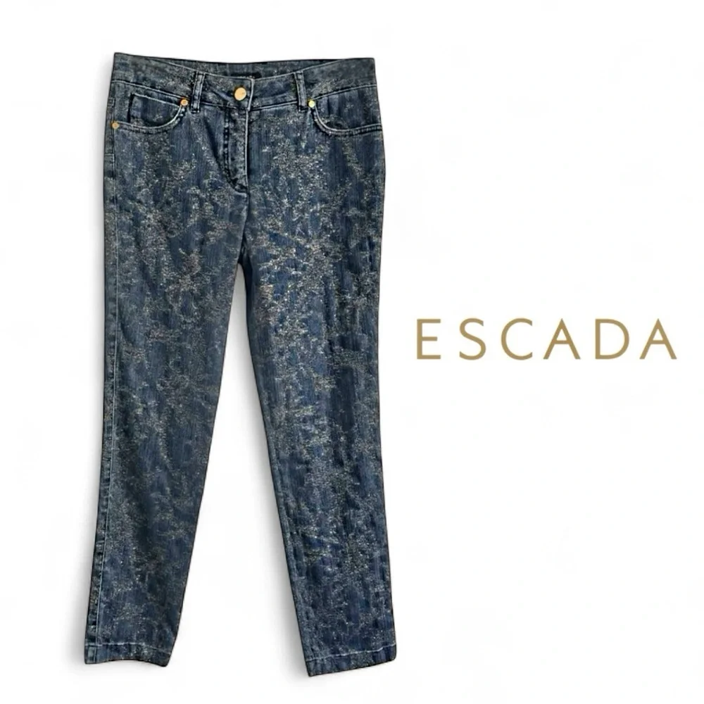ESCADA BLUE GOLD SHIMMER METALLIC DENIM STRAIGHT LEG JEANS SZ 38 / 8 - Picture 2 of 10